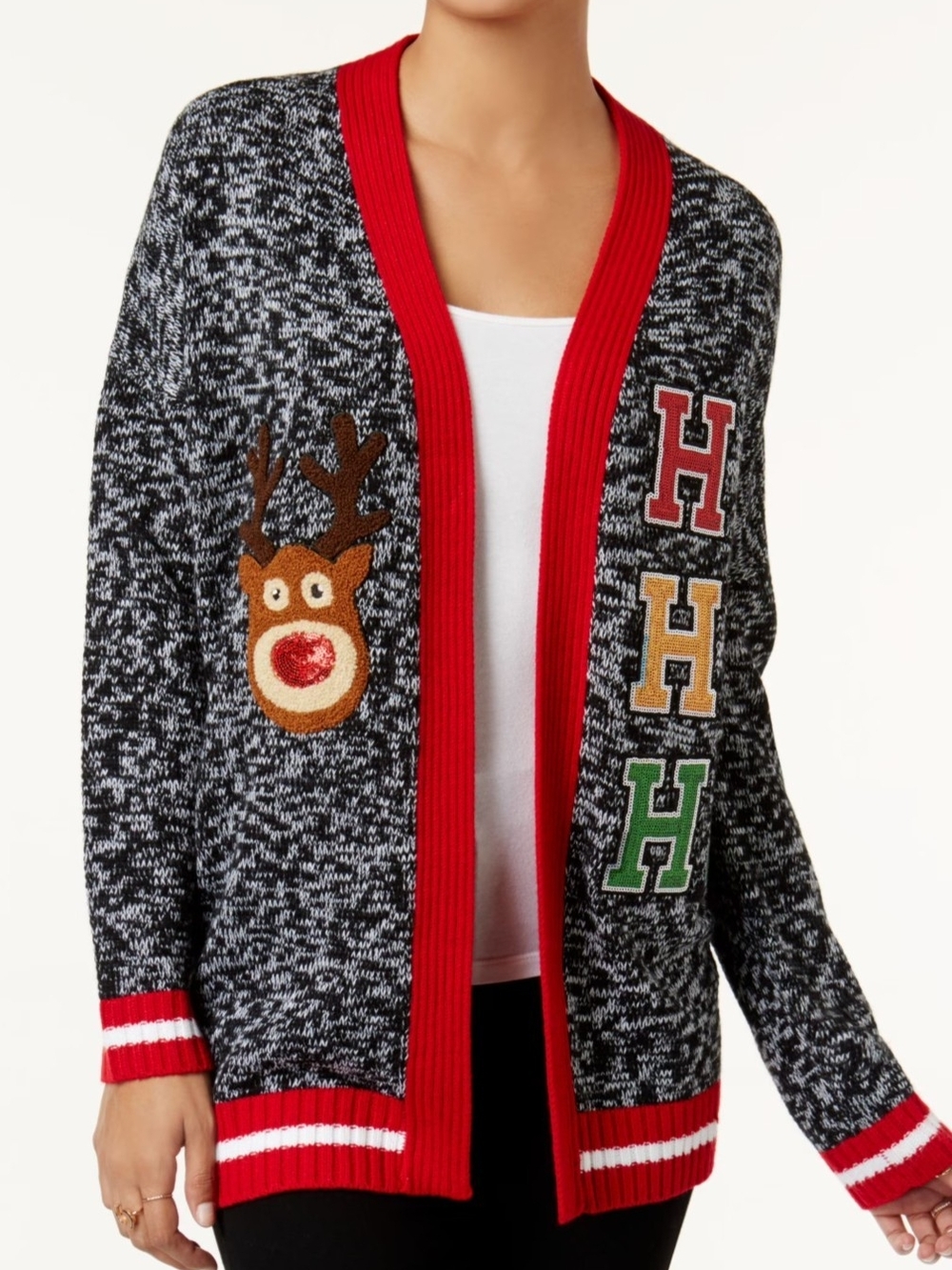 No Boundaries Ugly Christmas Sweater-open Front Cardigan Red Trim-Ho Ho Ho- Sz M